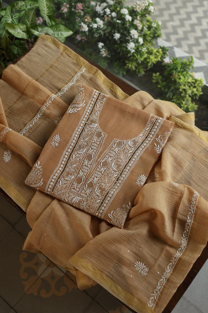 Natural Beige Mal Cotton Fine Chikankari With Kamdani Work Unstitched Fabric