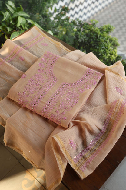 Natural Beige Mal Cotton Fine Chikankari With Kamdani Work Unstitched Fabric