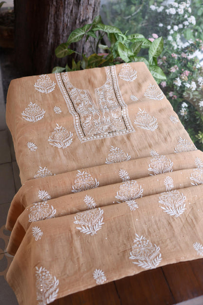 Natural Beige Mal Cotton Fine Chikankari With Kamdani Work Unstitched Fabric