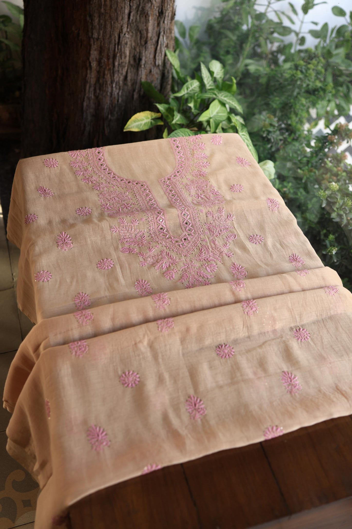 Natural Beige Mal Cotton Fine Chikankari With Kamdani Work Unstitched Fabric