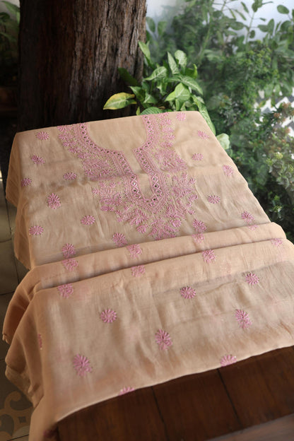 Natural Beige Mal Cotton Fine Chikankari With Kamdani Work Unstitched Fabric