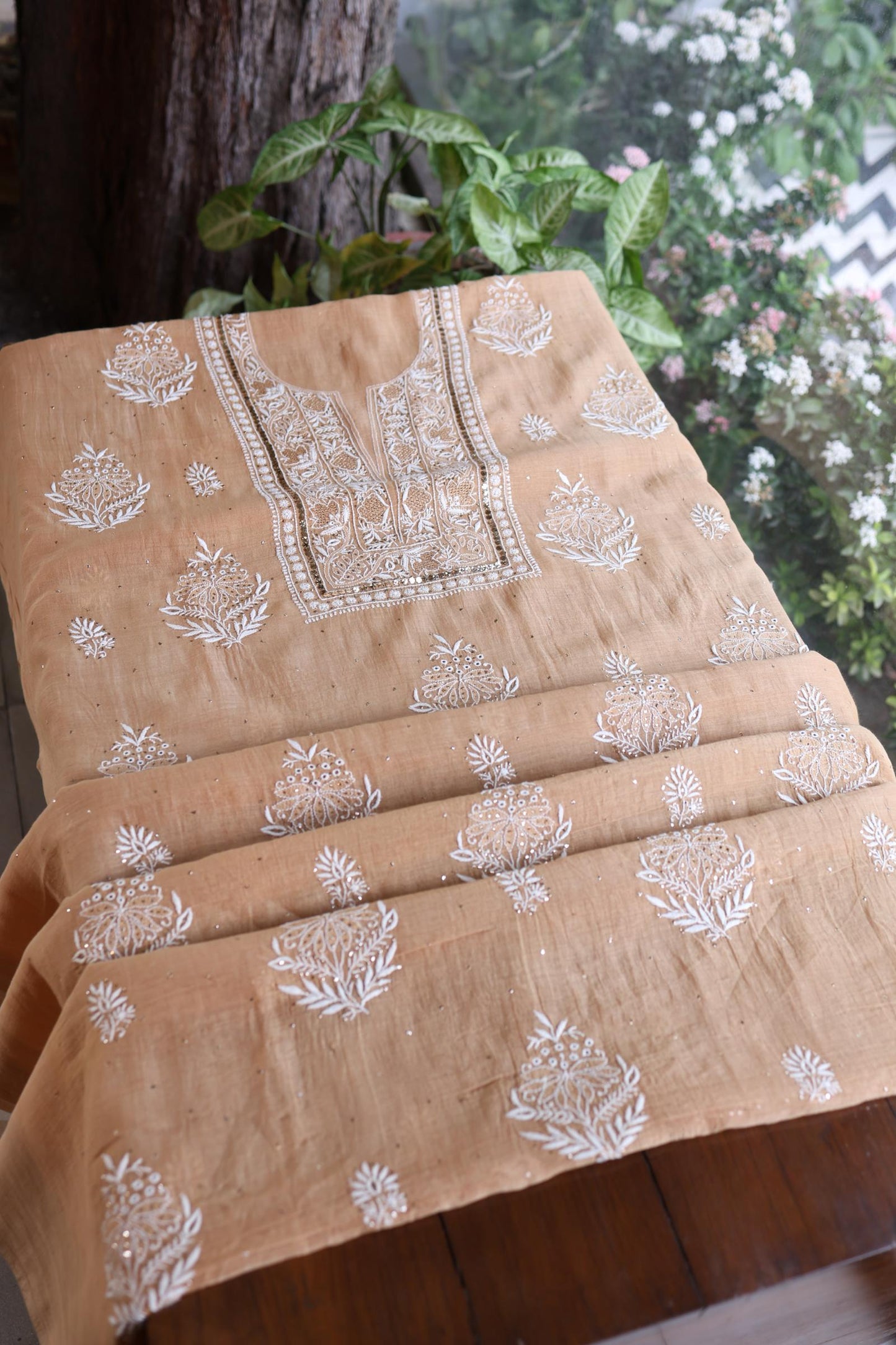 Natural Beige Mal Cotton Fine Chikankari With Kamdani Work Unstitched Fabric