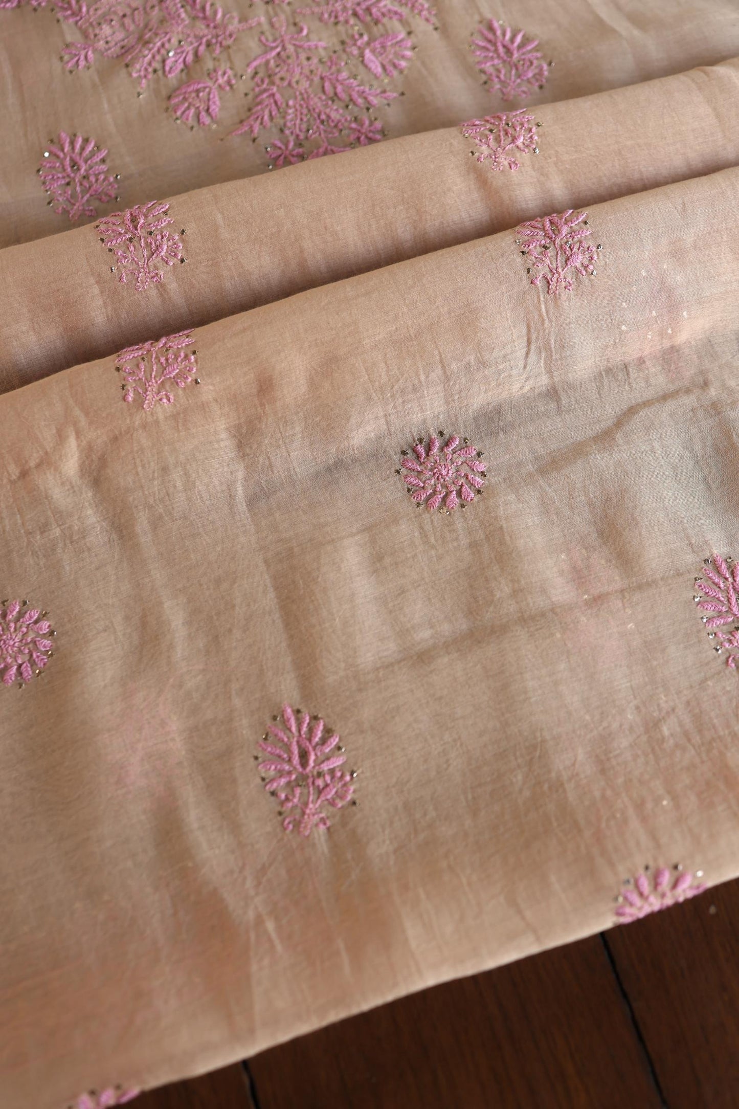 Natural Beige Mal Cotton Fine Chikankari With Kamdani Work Unstitched Fabric