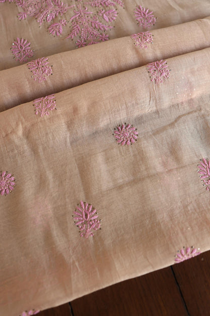 Natural Beige Mal Cotton Fine Chikankari With Kamdani Work Unstitched Fabric