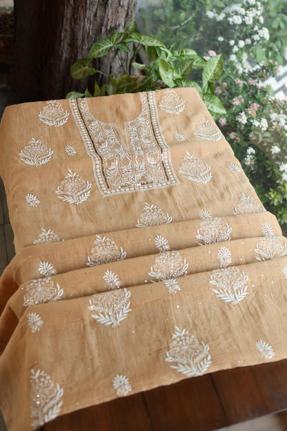 Natural Beige Mal Cotton Fine Chikankari With Kamdani Work Unstitched Fabric