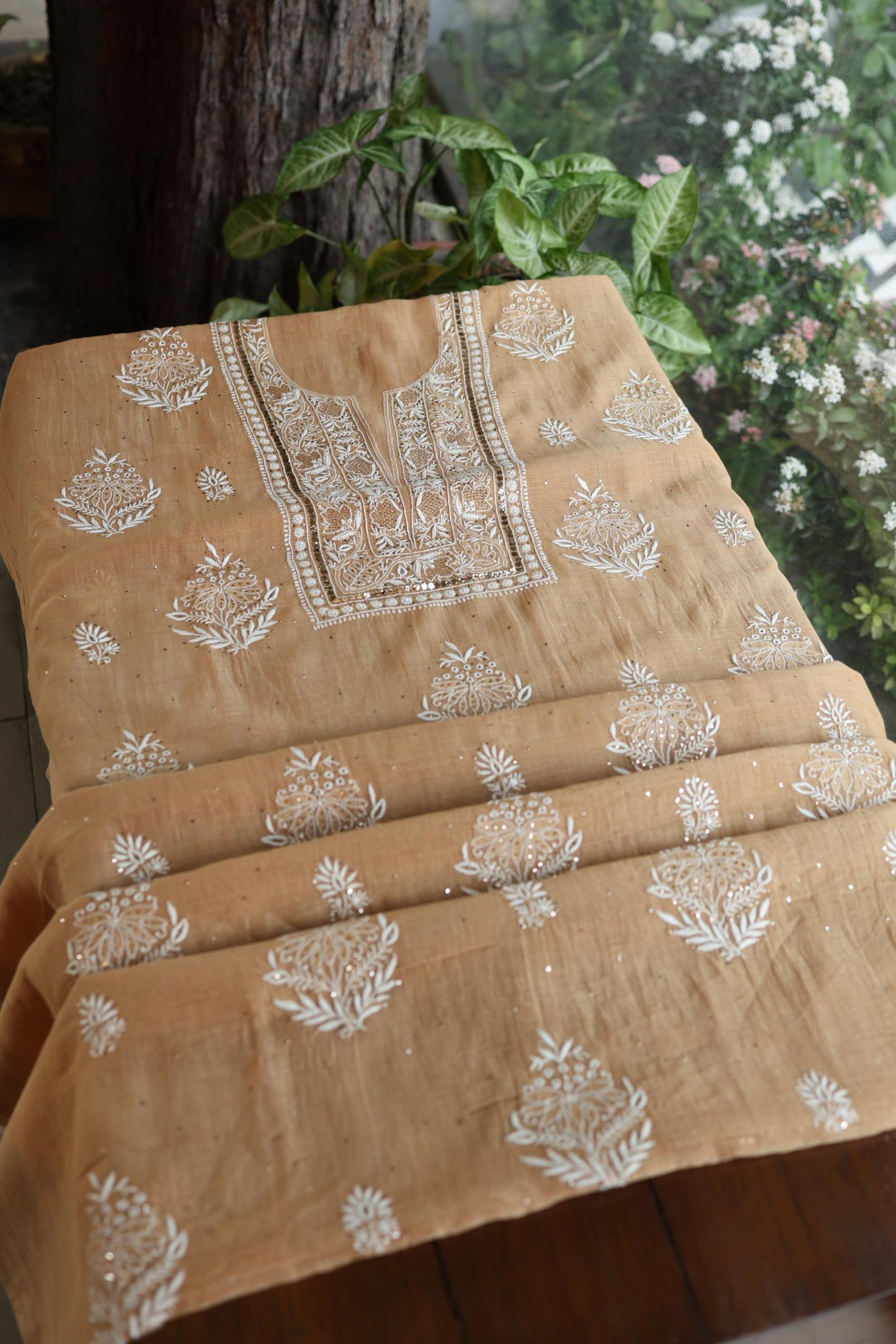 Natural Beige Mal Cotton Fine Chikankari With Kamdani Work Unstitched Fabric