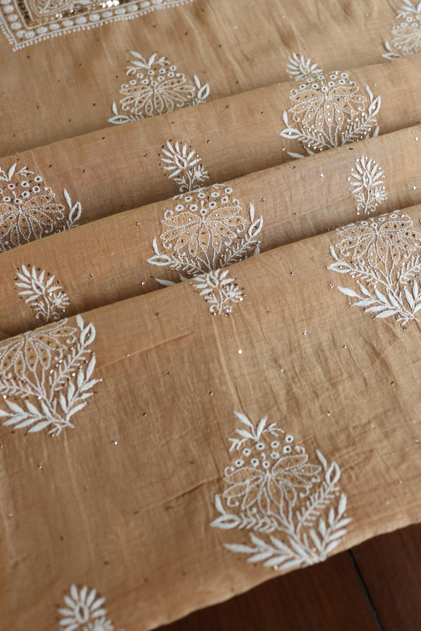 Natural Beige Mal Cotton Fine Chikankari With Kamdani Work Unstitched Fabric