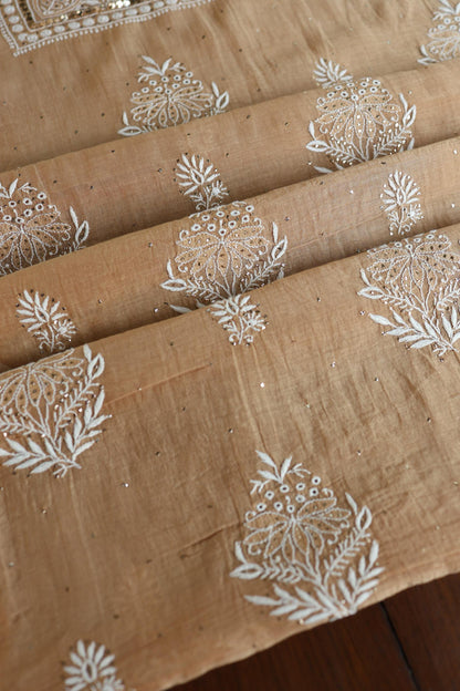 Natural Beige Mal Cotton Fine Chikankari With Kamdani Work Unstitched Fabric