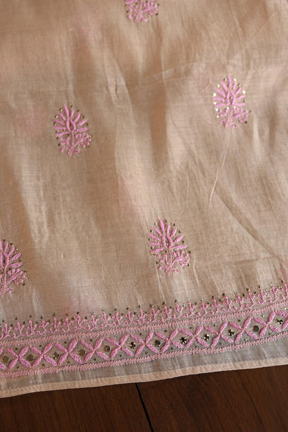 Natural Beige Mal Cotton Fine Chikankari With Kamdani Work Unstitched Fabric