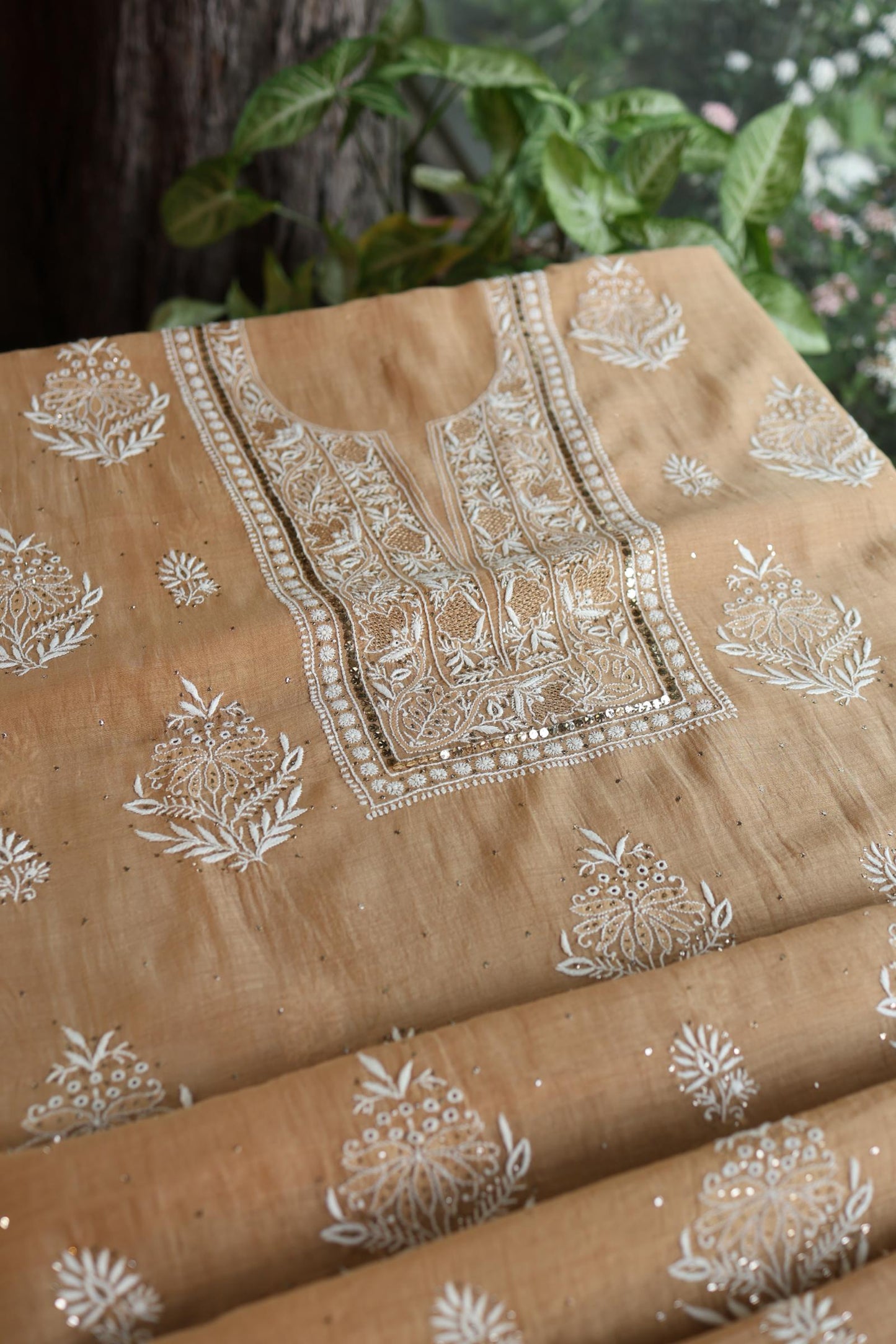 Natural Beige Mal Cotton Fine Chikankari With Kamdani Work Unstitched Fabric