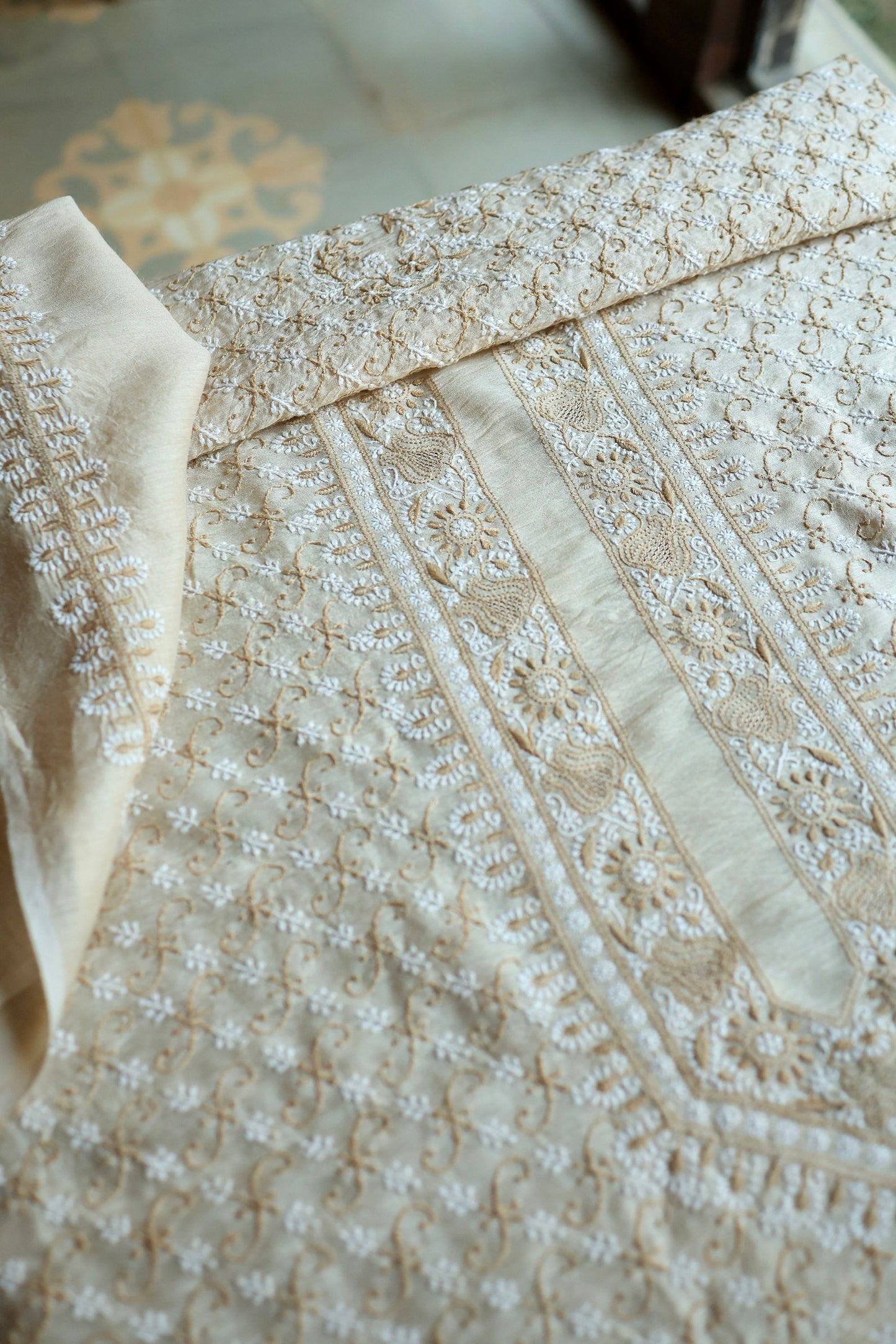 Natural Beige Moonga Silk All Over Chikankari Men’s Kurta Fabric