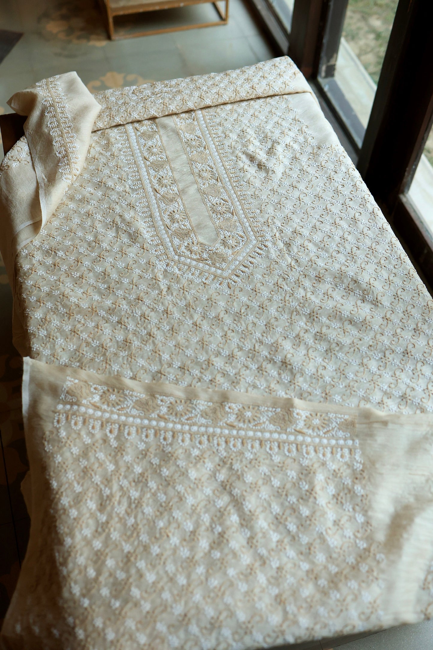 Natural Beige Moonga Silk All Over Chikankari Men’s Kurta Fabric