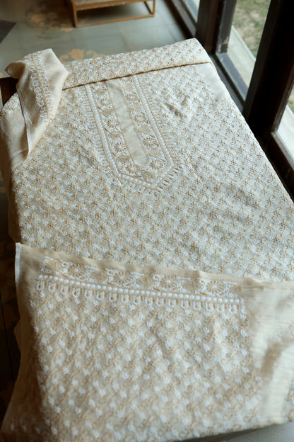 Natural Beige Moonga Silk All Over Chikankari Men’s Kurta Fabric