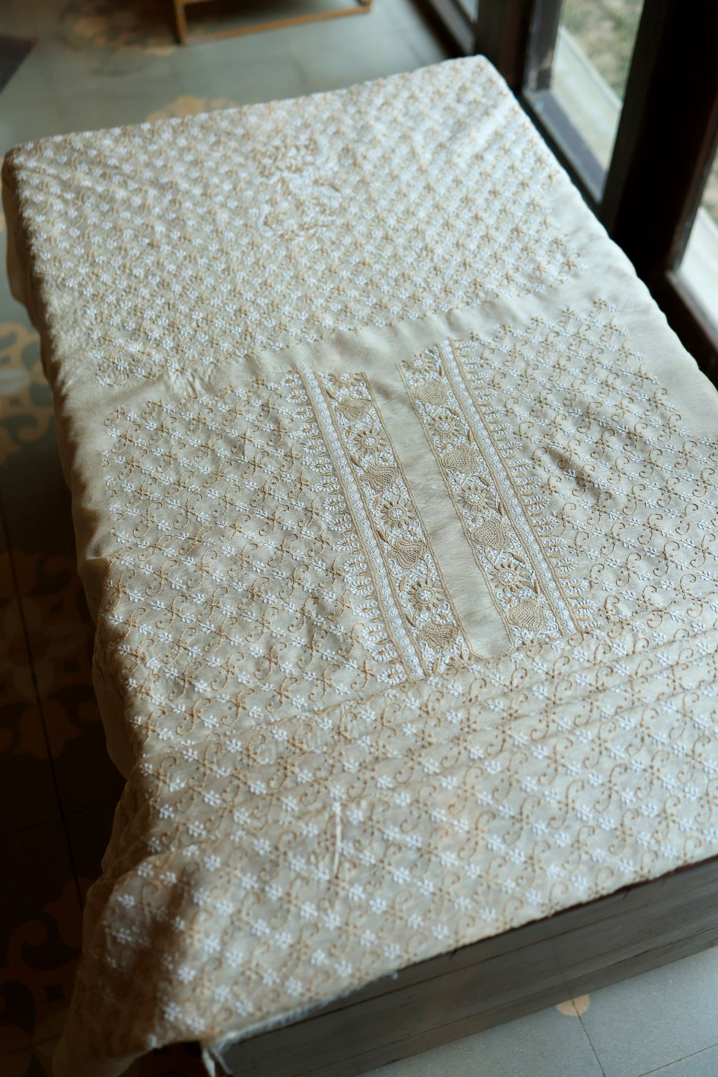 Natural Beige Moonga Silk All Over Chikankari Men’s Kurta Fabric