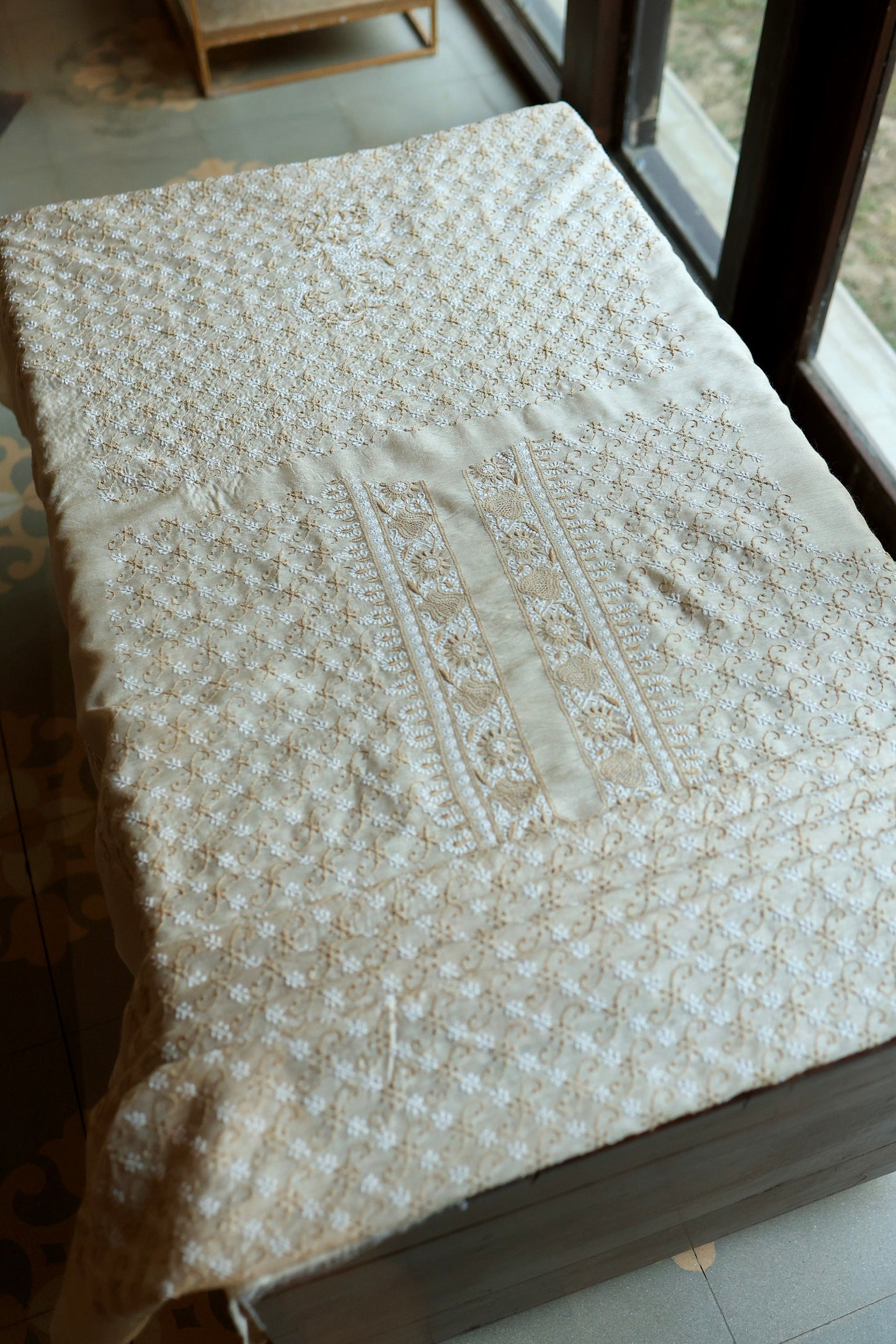 Natural Beige Moonga Silk All Over Chikankari Men’s Kurta Fabric