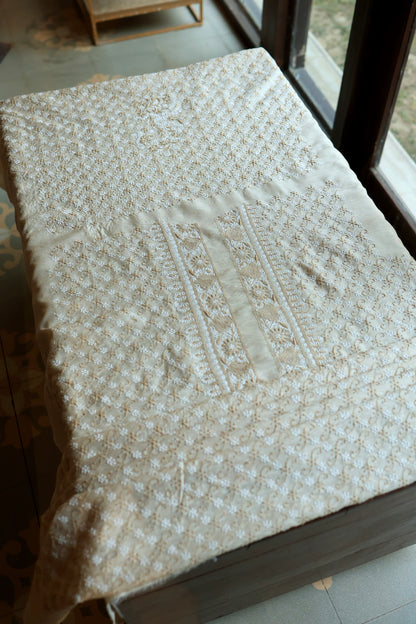 Natural Beige Moonga Silk All Over Chikankari Men’s Kurta Fabric