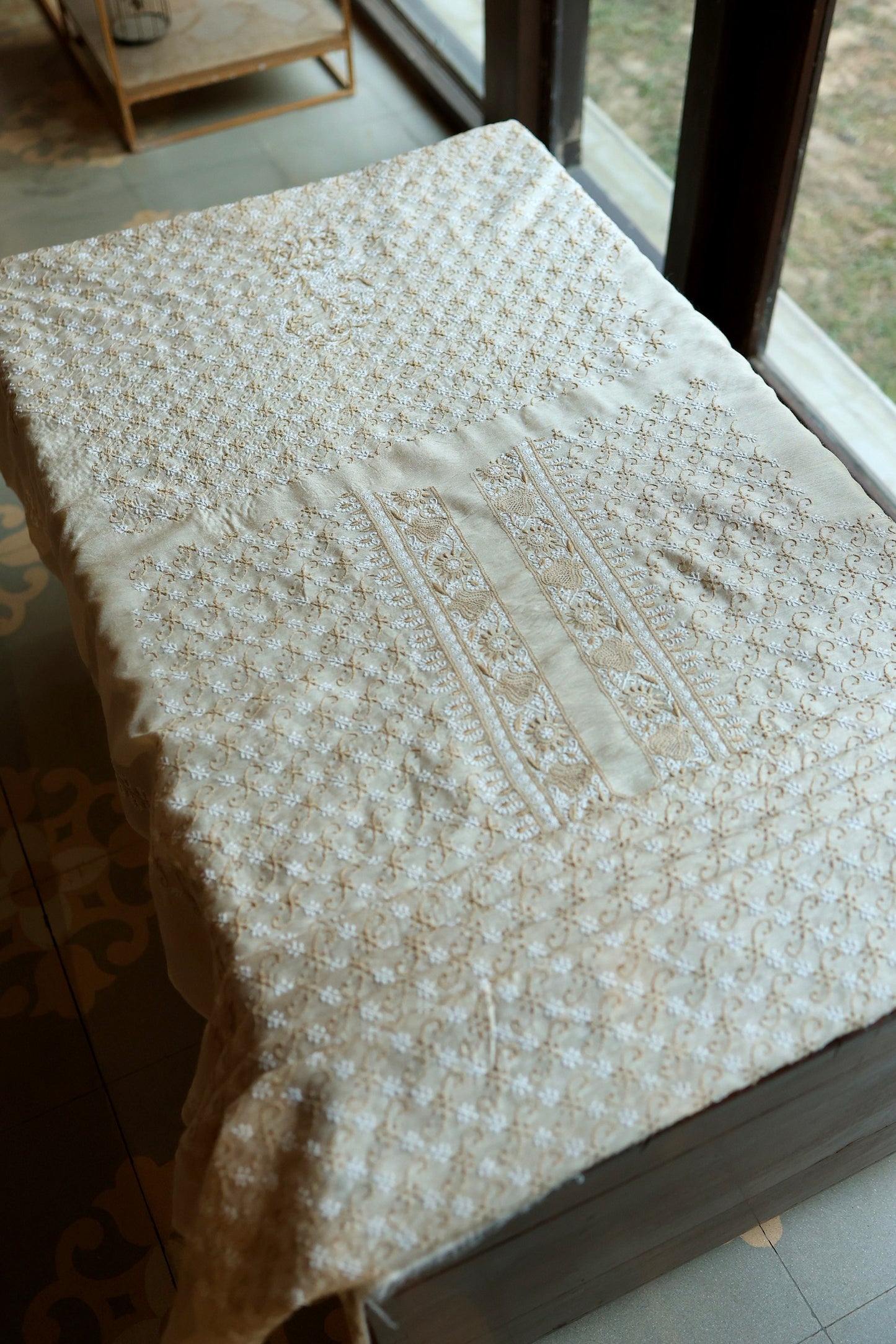 Natural Beige Moonga Silk All Over Chikankari Men’s Kurta Fabric