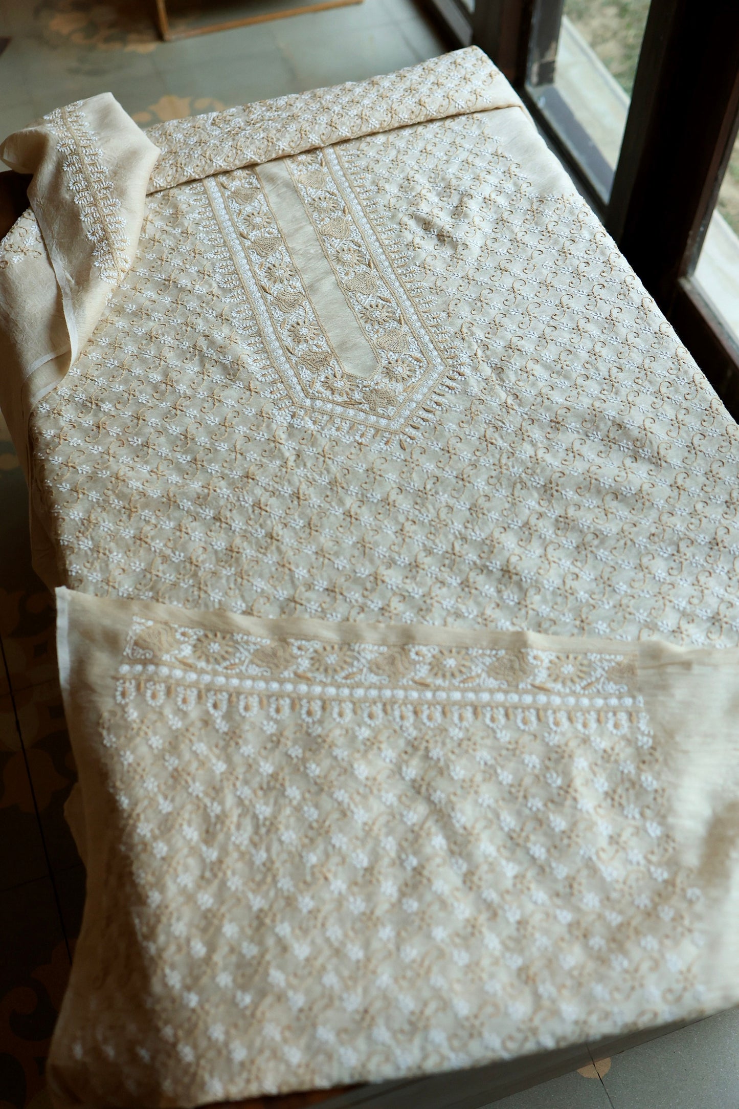 Natural Beige Moonga Silk All Over Chikankari Men’s Kurta Fabric