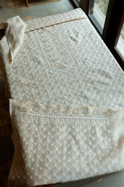 Natural Beige Moonga Silk All Over Chikankari Men’s Kurta Fabric