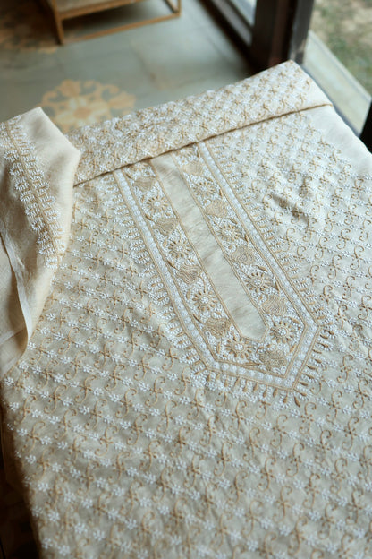 Natural Beige Moonga Silk All Over Chikankari Men’s Kurta Fabric