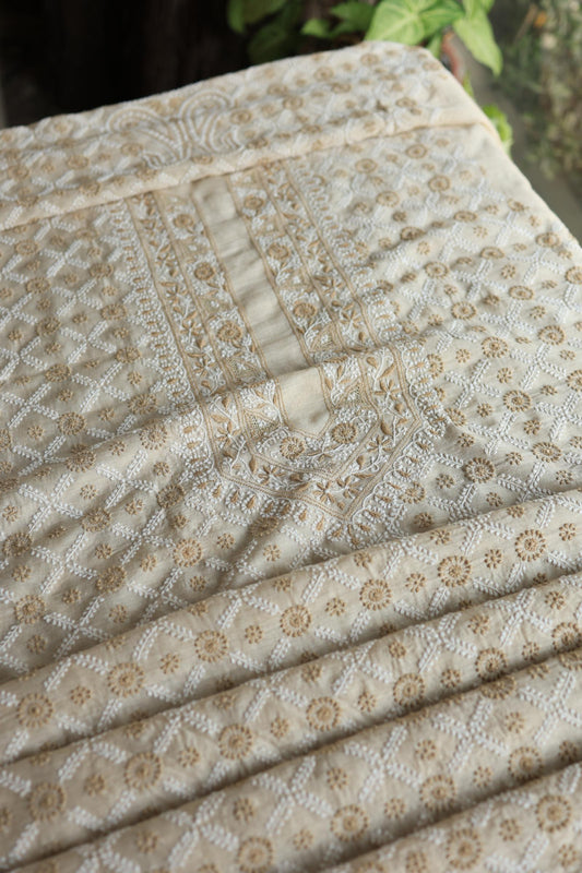Natural Beige Moonga Silk All Over Chikankari Men’s Kurta Fabric