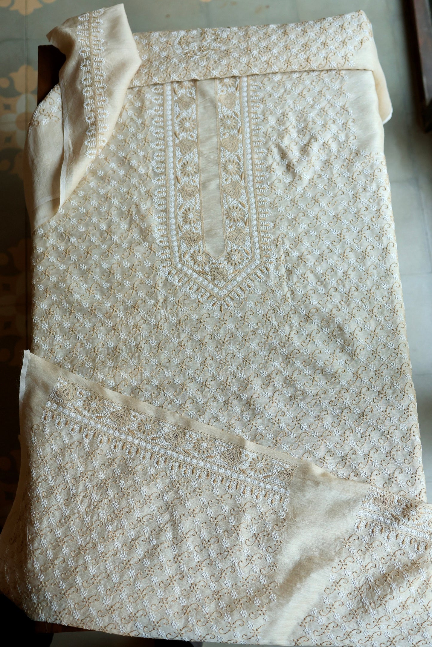 Natural Beige Moonga Silk All Over Chikankari Men’s Kurta Fabric