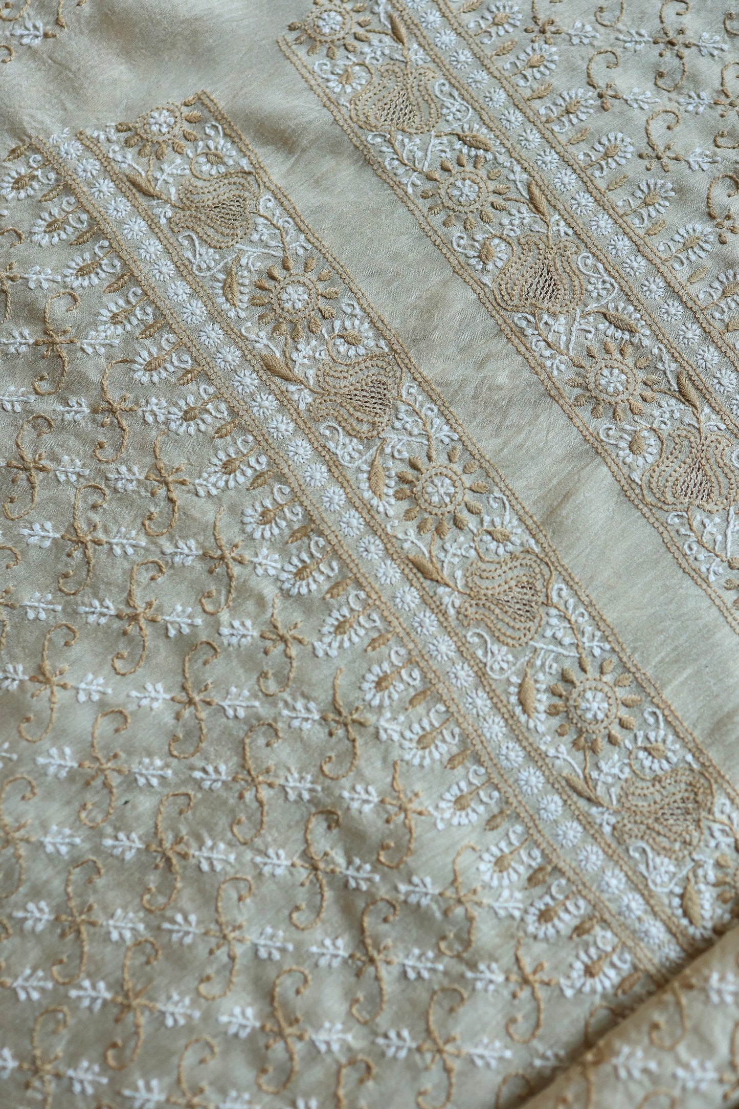 Natural Beige Moonga Silk All Over Chikankari Men’s Kurta Fabric