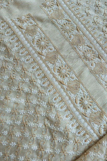 Natural Beige Moonga Silk All Over Chikankari Men’s Kurta Fabric