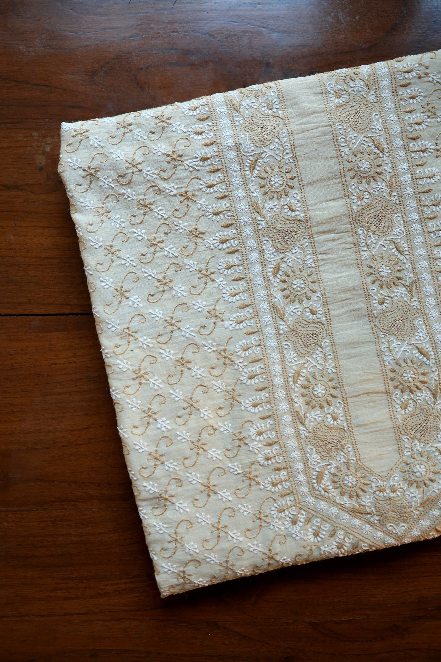 Natural Beige Moonga Silk All Over Chikankari Men’s Kurta Fabric