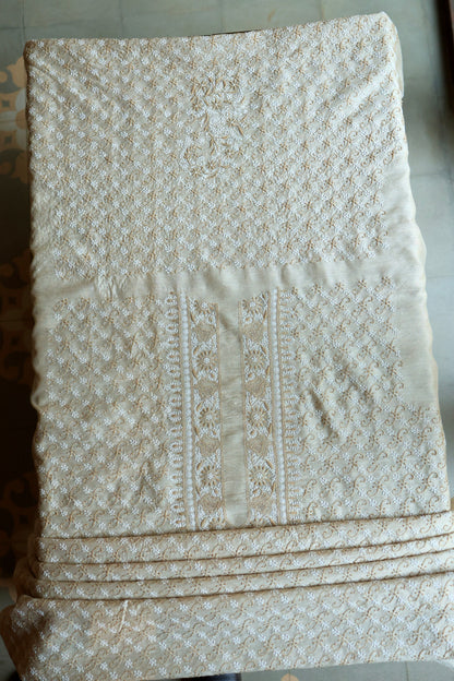 Natural Beige Moonga Silk All Over Chikankari Men’s Kurta Fabric