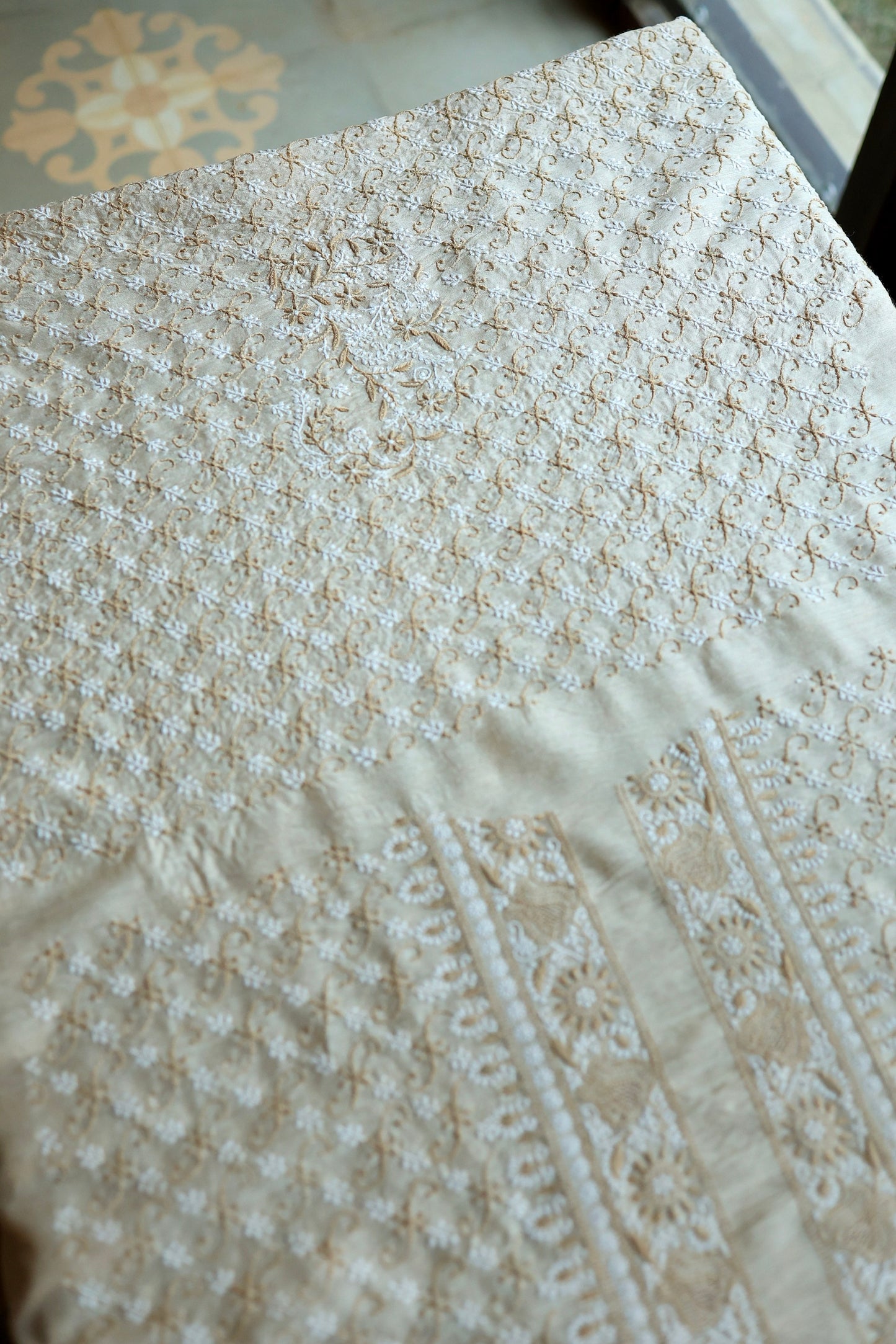 Natural Beige Moonga Silk All Over Chikankari Men’s Kurta Fabric