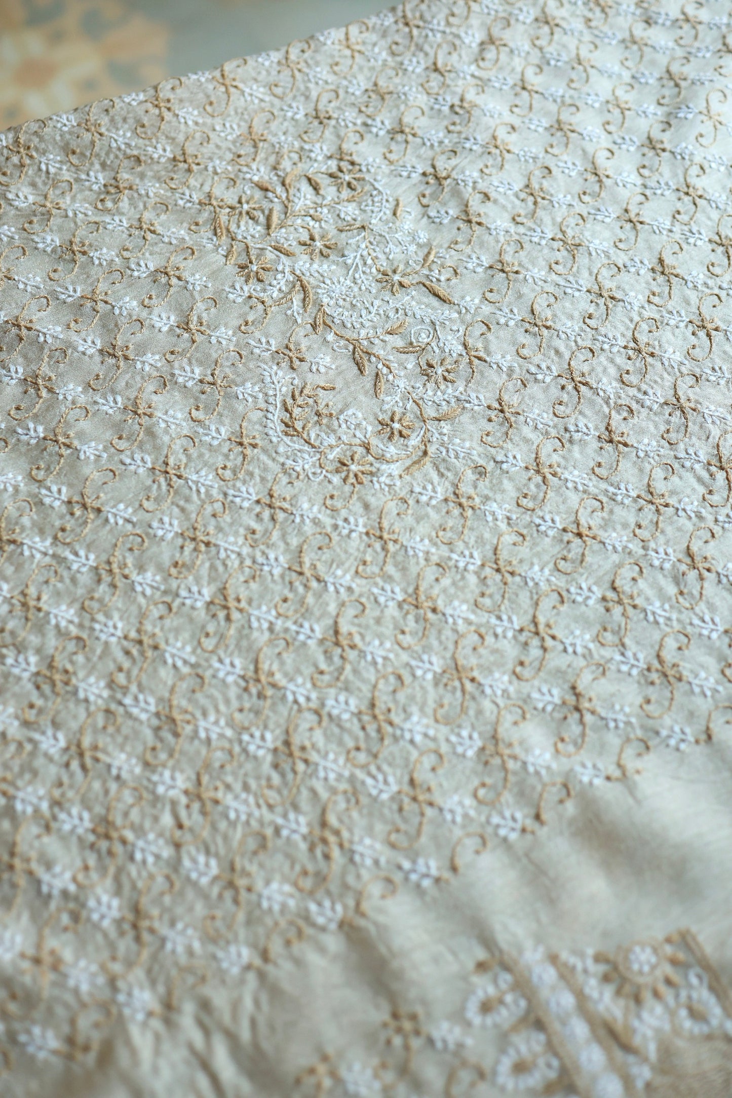 Natural Beige Moonga Silk All Over Chikankari Men’s Kurta Fabric