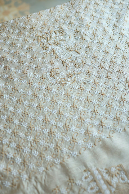 Natural Beige Moonga Silk All Over Chikankari Men’s Kurta Fabric