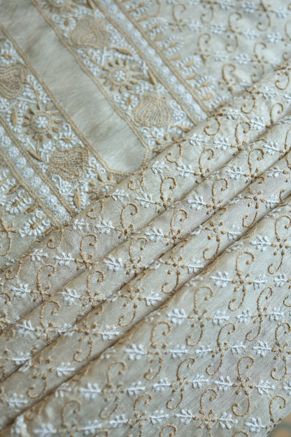 Natural Beige Moonga Silk All Over Chikankari Men’s Kurta Fabric