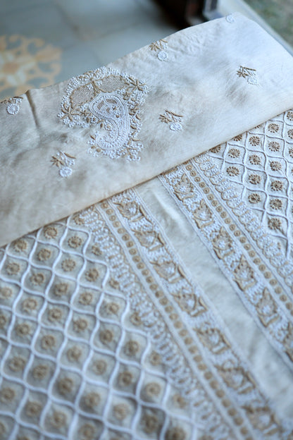 Natural Beige Moonga Silk All Over Chikankari Men’s Kurta Fabrics