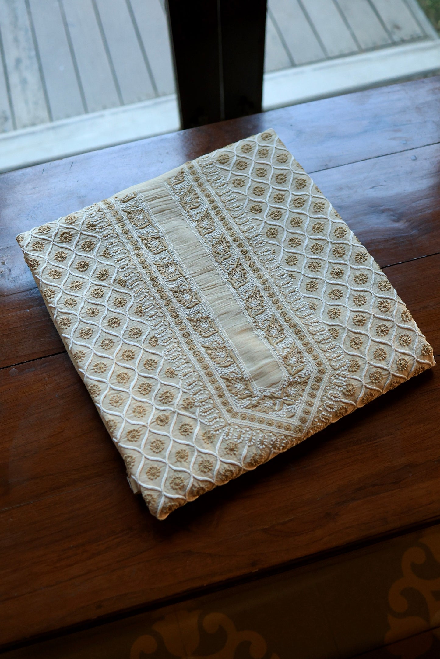 Natural Beige Moonga Silk All Over Chikankari Men’s Kurta Fabrics