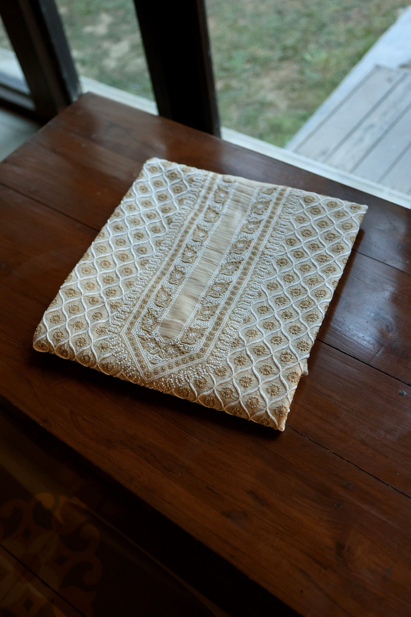 Natural Beige Moonga Silk All Over Chikankari Men’s Kurta Fabrics