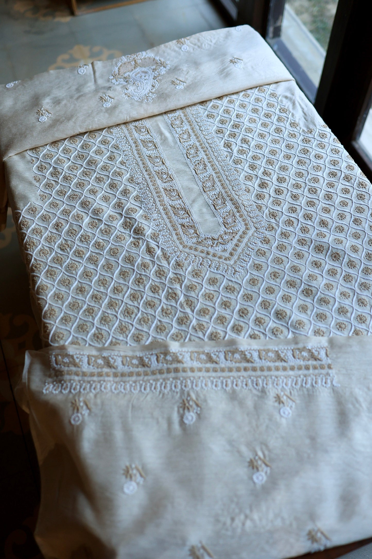 Natural Beige Moonga Silk All Over Chikankari Men’s Kurta Fabrics