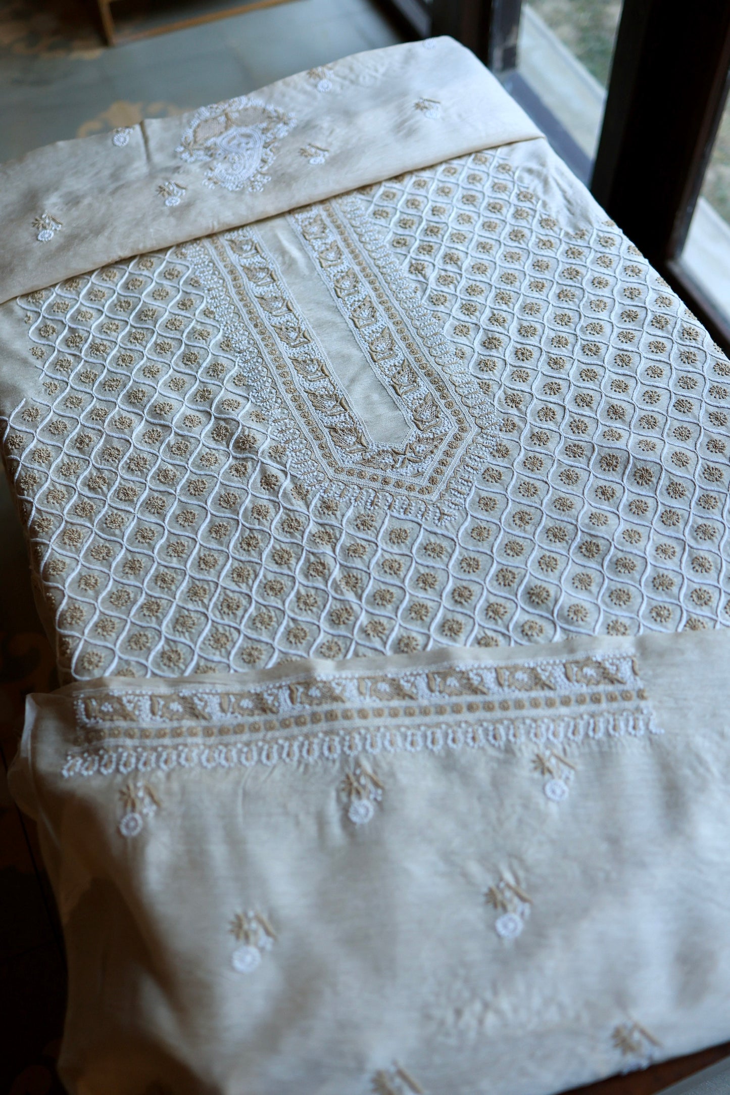 Natural Beige Moonga Silk All Over Chikankari Men’s Kurta Fabrics