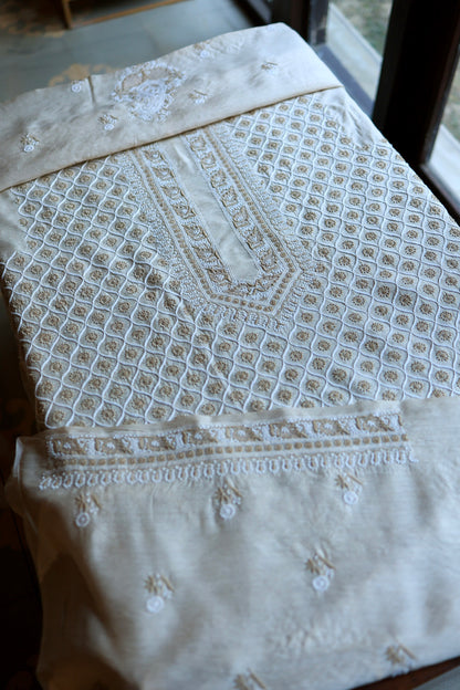 Natural Beige Moonga Silk All Over Chikankari Men’s Kurta Fabrics