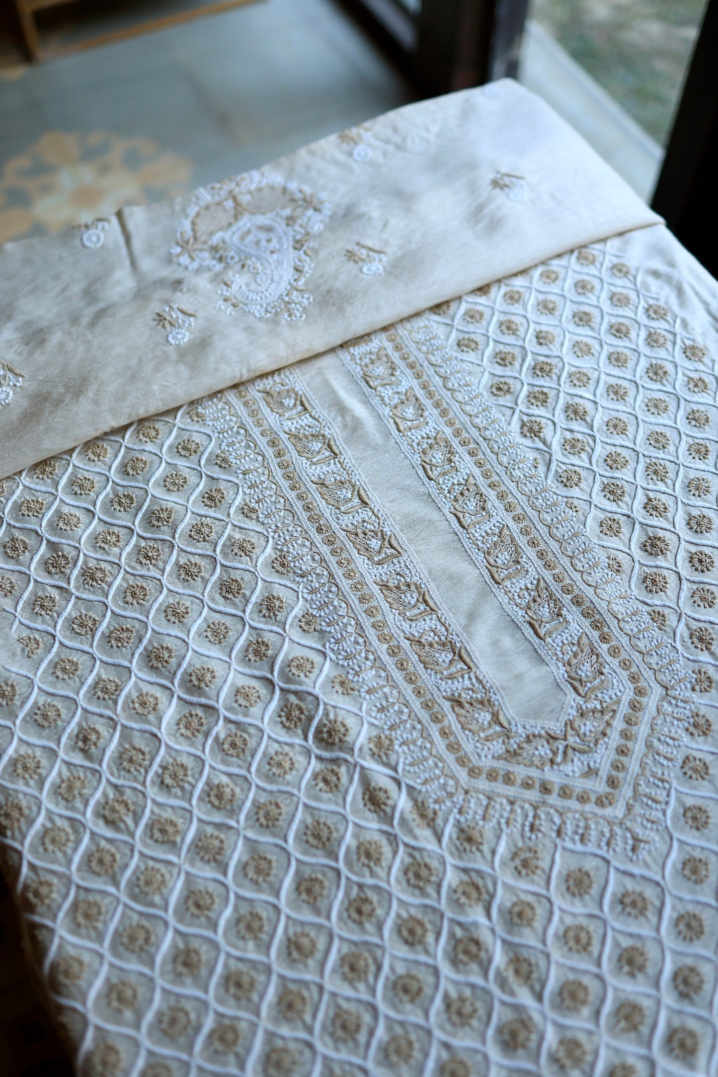 Natural Beige Moonga Silk All Over Chikankari Men’s Kurta Fabrics