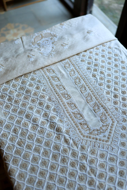 Natural Beige Moonga Silk All Over Chikankari Men’s Kurta Fabrics