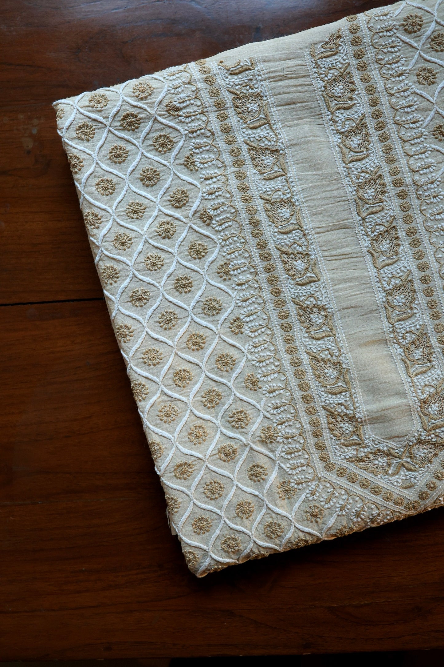 Natural Beige Moonga Silk All Over Chikankari Men’s Kurta Fabrics