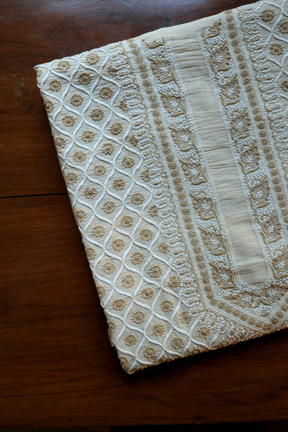 Natural Beige Moonga Silk All Over Chikankari Men’s Kurta Fabrics