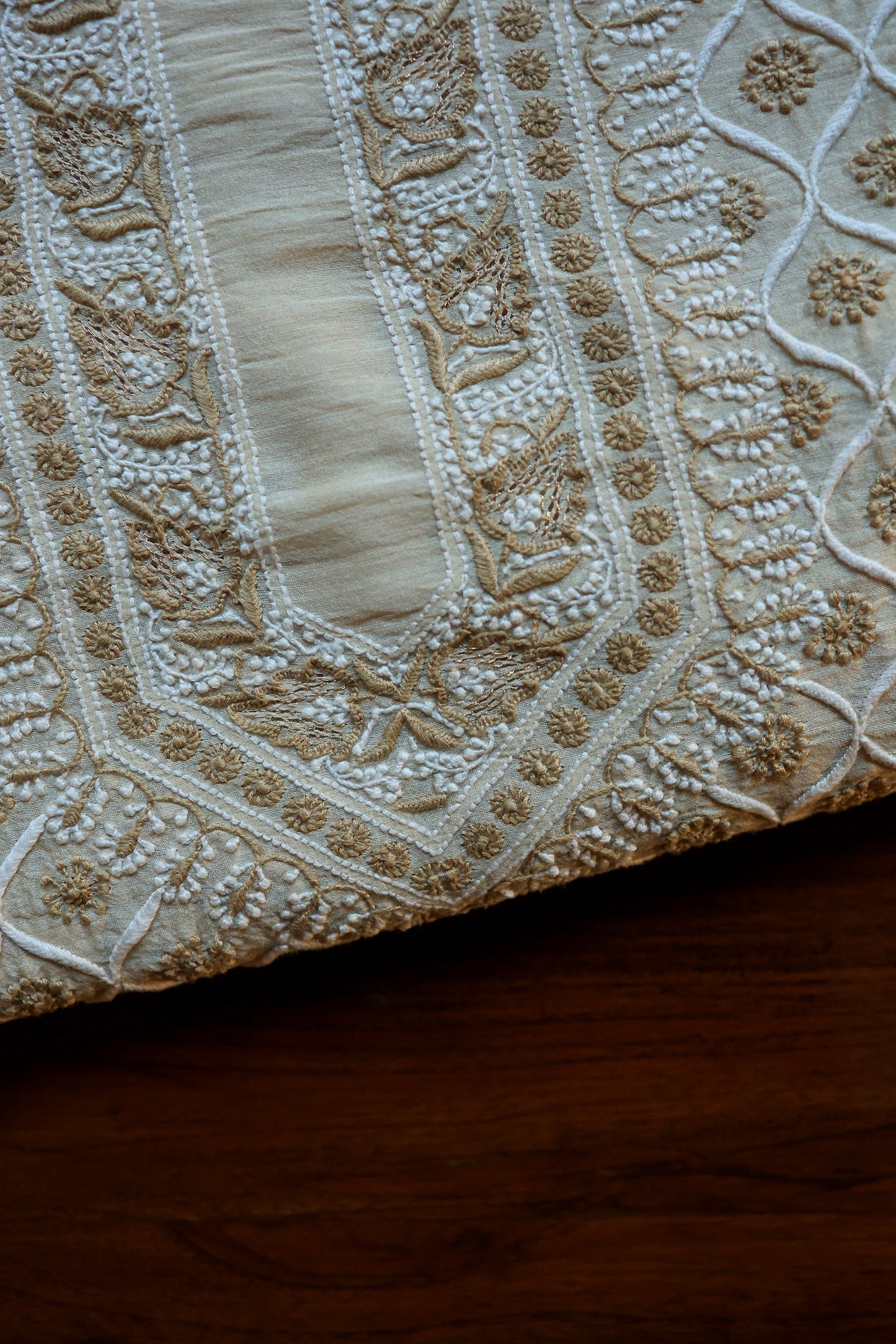 Natural Beige Moonga Silk All Over Chikankari Men’s Kurta Fabrics