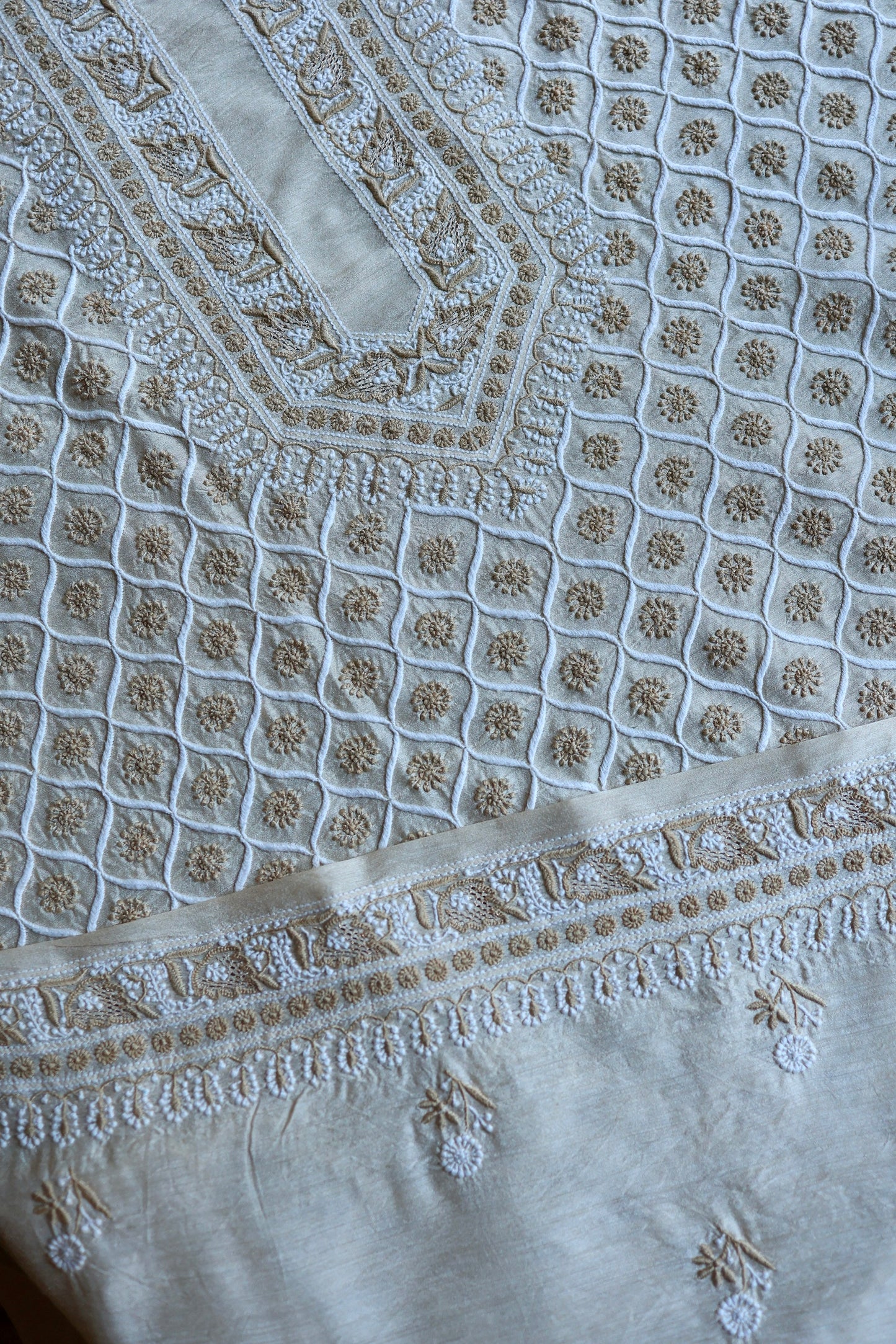 Natural Beige Moonga Silk All Over Chikankari Men’s Kurta Fabrics