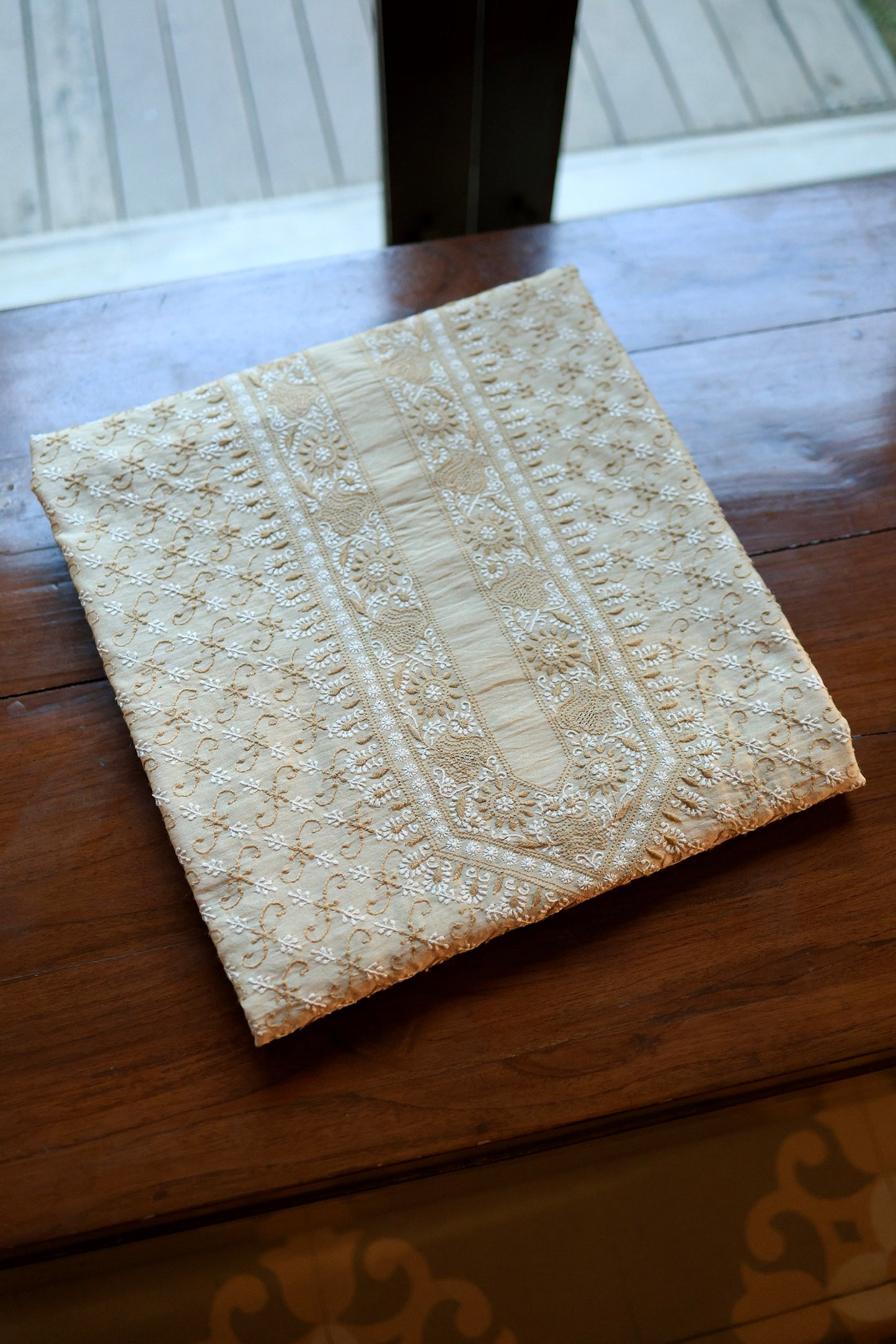 Natural Beige Moonga Silk All Over Chikankari Men’s Kurta Fabrics