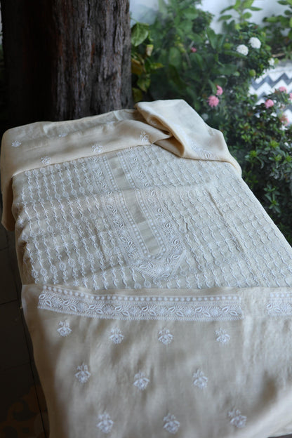 Natural Beige Moonga Silk All Over Front Jaal Chikankari Men’s Kurta Fabric