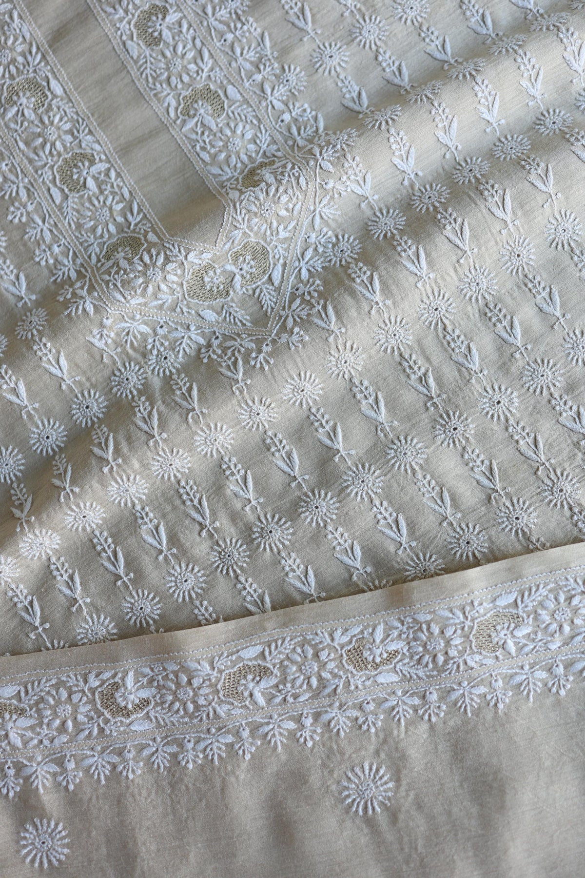 Natural Beige Moonga Silk All Over Front Jaal Chikankari Men’s Kurta Fabric