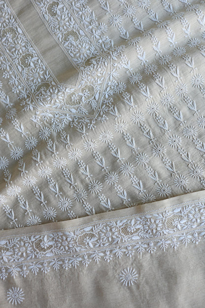 Natural Beige Moonga Silk All Over Front Jaal Chikankari Men’s Kurta Fabric